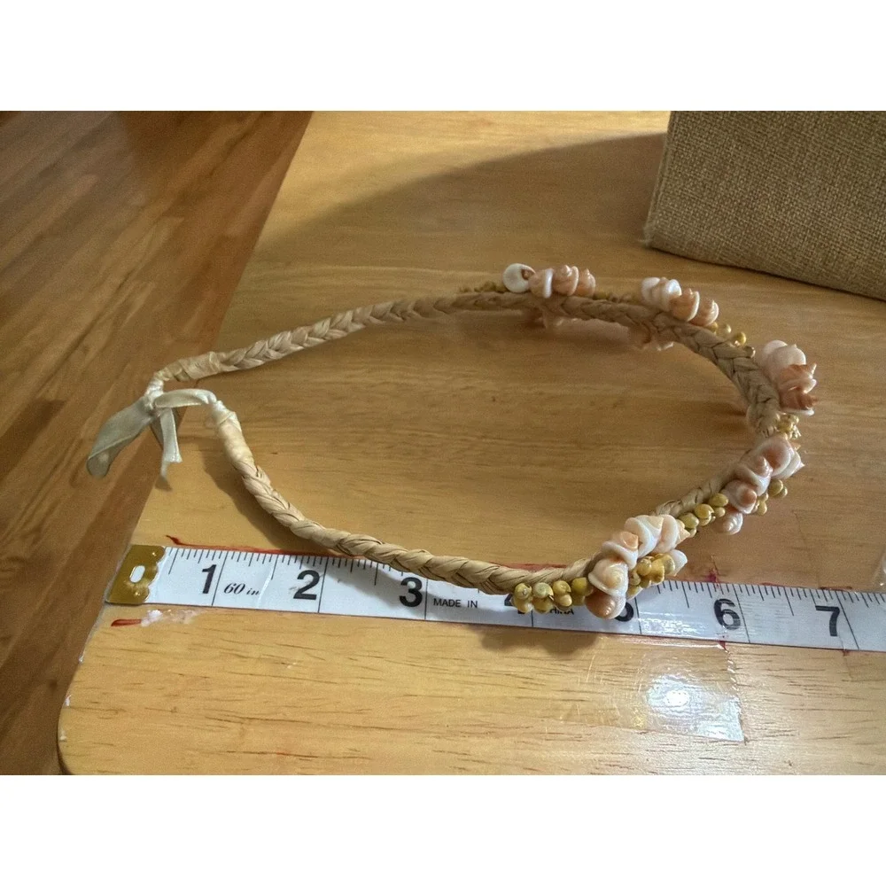 Handmade Seashell Choker Necklace Braided Raffia Pink White Shells Boho Coastal